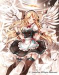  apron blonde_hair bow bowtie cardfight!!_vanguard company_name cup feathered_wings long_hair maid_apron maid_headdress mumutimex official_art open_mouth solo sparkle teacup teapot teeth thighhighs virtuoso_housekeeper wings yellow_eyes 