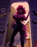  2018 absurd_res anthro anthrofied big_breasts blue_eyes bowl breasts building candy chest_tuft clothed clothing collar condom darkhazard digital_media_(artwork) door dress earth_pony equine fangs female food friendship_is_magic garter_straps hair halloween hi_res holding_object holidays horse house legwear long_hair looking_down mammal my_little_pony pink_hair pinkie_pie_(mlp) pony signature solo thigh_highs tuft url 