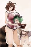  animal_ears ass ass_cutout bad_proportions bare_arms bare_legs bare_shoulders breasts brown_eyes brown_hair bursting_breasts capelet closed_eyes cosplay costume_switch dress eyewear_switch fundoshi futatsuiwa_mamizou futatsuiwa_mamizou_(cosplay) glasses green_hair grin hug japanese_clothes kasodani_kyouko kasodani_kyouko_(cosplay) large_breasts microdress miniskirt multiple_girls plump raccoon_ears raccoon_tail revealing_clothes skirt sleeveless sleeveless_dress smile tail touhou undersized_clothes yohane 