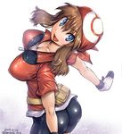  :d amania_orz arched_back ass bandana bangs belt_pouch bike_shorts blue_eyes blush breasts brown_hair cleavage collarbone commentary_request cowboy_shot dated from_side gloves haruka_(pokemon) large_breasts long_hair looking_at_viewer looking_to_the_side open_mouth outstretched_arms pokemon pokemon_(anime) pouch red_shirt shirt short_sleeves smile solo spread_arms twitter_username v-shaped_eyebrows 