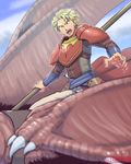  artist_name blonde_hair day dragon fire_emblem fire_emblem:_seima_no_kouseki glen_(fire_emblem) highres male_focus open_mouth polearm sky solo spear sting_chameleao teeth weapon wings 