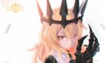  black_rock_shooter blonde_hair blurry brown_eyes character_name chariot_(black_rock_shooter) claws closed_mouth crown depth_of_field english hair_between_eyes litra_(ltr0312) long_hair looking_at_viewer solo upper_body white_background 