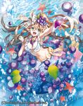  air_bubble bow breasts brown_hair bubble cardfight!!_vanguard cleavage company_name cup drinking_glass food food_themed_hair_ornament fruit grape_hair_ornament grapes green_eyes hair_ornament head_fins jewelry large_breasts leaf long_hair mermaid midriff monster_girl mystery_smile_aral navel necklace official_art open_mouth ponytail solo star submerged teeth tibino underwater 