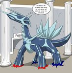  2015 blue_skin claws clothing comic dialga digital_media_(artwork) english_text fangs gem hi_res legendary_pok&eacute;mon looking_away museum nintendo open_mouth pillar pok&eacute;mon post_transformation quadruped red_eyes text tfsubmissions thought_bubble torn_clothing video_games 