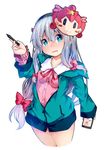  ass blue_eyes blush bow breasts cellphone commentary_request cowboy_shot eromanga_sensei face_mask hair_bow headset highres holding_stylus hood hoodie ishimu izumi_sagiri long_hair long_sleeves looking_at_viewer low-tied_long_hair mask mask_on_head neck_ribbon nose_blush open_clothes open_hoodie pajamas panties pantyshot parted_lips phone red_bow red_ribbon ribbon sidelocks silver_hair small_breasts smartphone solo underwear very_long_hair white_panties 