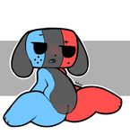  2017 animate_inanimate anthro bakap black_eyes black_nose blue_body blush canine digital_media_(artwork) dog female flat_chested grey_body hi_res mammal nintendo nude open_mouth pussy red_body simple_background sitting solo switch_dog toony video_games young 