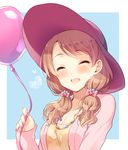  :d ^_^ ^o^ balloon bangs blue_background blush bow breasts brown_hair casual cleavage closed_eyes collarbone eyebrows_visible_through_hair facing_viewer fingernails hair_bobbles hair_bow hair_ornament happy hat heart holding holding_balloon houjou_karen idolmaster idolmaster_cinderella_girls jacket jewelry komi_zumiko long_hair low_twintails medium_breasts nail_polish necklace open_clothes open_jacket open_mouth pink_bow pink_hat pink_jacket pink_nails shirt simple_background sleeves_past_wrists smile solo swept_bangs twintails upper_body yellow_shirt 