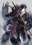  animal armor bird black_gloves black_hair crow eyepatch gloves japanese_armor katana kuroemon male_focus necktie sheath shokudaikiri_mitsutada shoulder_armor smile sode sword touken_ranbu unsheathing weapon yellow_eyes 