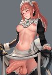  10s 1girl 2017 apron blue_eyes blush breasts center_opening dress dress_lift felicia_(fire_emblem_if) fingering fingerless_gloves fire_emblem fire_emblem_if gloves lasterk long_hair maid maid_apron maid_headdress medium_breasts newhalf nipples one_eye_closed penis pink_hair ponytail pubic_hair solo_focus standing testicles thighhighs uncensored veins veiny_penis 