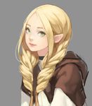  bangs blonde_hair braid choker closed_mouth dungeon_meshi elf eyelashes fasces green_eyes grey_background hair_over_shoulder hood hood_down lips long_hair looking_at_viewer marcille parted_bangs pointy_ears simple_background sketch smile solo twin_braids twintails upper_body 