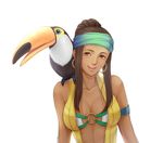  bird bracelet breasts brown_hair coco_(kof) commentary dark_skin earrings headband highres hoop_earrings jewelry kthovhinao_virmi large_breasts long_hair ponytail snk the_king_of_fighters the_king_of_fighters_xiv toucan zarina 