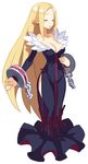  bare_shoulders black_dress blonde_hair breasts closed_eyes cuffs disgaea dress full_body fur_trim handcuffs harada_takehito healer_(disgaea) long_hair medium_breasts official_art open_mouth pointy_ears side_slit solo standing 