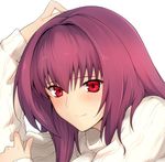  blush close-up closed_mouth eyebrows_visible_through_hair face fate/grand_order fate_(series) harukon_(halcon) long_hair long_sleeves looking_at_viewer portrait purple_hair red_eyes ribbed_sweater scathach_(fate)_(all) scathach_(fate/grand_order) shiny shiny_skin simple_background smile solo sweater turtleneck turtleneck_sweater white_background 