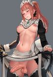  10s 1girl 2017 apron blue_eyes blush breasts center_opening dress dress_lift felicia_(fire_emblem_if) fingerless_gloves fire_emblem fire_emblem_if gloves lasterk long_hair maid maid_apron maid_headdress medium_breasts newhalf nipples one_eye_closed penis pink_hair ponytail pubic_hair solo_focus standing testicles thighhighs uncensored veins veiny_penis 