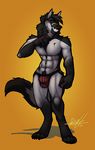  2016 4_toes abs anthro barefoot biped black_claws black_fur black_hair black_nose black_tail bulge canine claws clothed clothing digital_media_(artwork) digitigrade dog dominate_(artist) eyebrows front_view full-length_portrait fur grey_fur grey_tail grin hair jockstrap keeko looking_at_viewer malamute male mammal multicolored_fur multicolored_tail muscular muscular_male orange_background pecs portrait red_bottomwear red_clothing red_underwear shadow short_hair signature simple_background smile snout solo standing teeth toe_claws toes topless two_tone_fur two_tone_tail underwear 