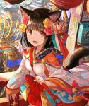  animal_ears bell black_hair bow cat_ears cat_tail character_request fang flower fuji_choko hair_flower hair_ornament open_mouth original red_bow red_eyes smile solo tail 