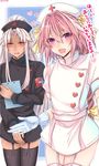  amakusa_shirou_(fate) astolfo_(fate) blush braid fate/apocrypha fate_(series) hair_ribbon hat highres long_hair looking_at_viewer male_focus multiple_boys nurse nurse_cap open_mouth otoko_no_ko pink_hair purple_eyes ribbon shisei_(kyuushoku_banchou) single_braid smile white_hair 