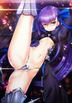 arm_up armor armored_boots ass_visible_through_thighs blush boots breasts crotch_plate fate/extra fate/extra_ccc fate_(series) hair_ribbon high_kick kicking leg_up long_hair long_sleeves looking_at_viewer meltlilith navel partially_visible_vulva purple_eyes purple_hair revealing_clothes ribbon shiny shiny_hair shiny_skin silly_(marinkomoe) small_breasts smile solo split standing standing_on_one_leg standing_split teeth underboob very_long_hair 