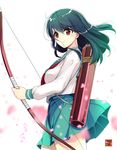  an_jera arrow black_hair bow_(weapon) breasts cowboy_shot hair_between_eyes highres higurashi_kagome inuyasha large_breasts long_hair long_sleeves petals pleated_skirt quiver red_eyes sailor_collar school_uniform serafuku shirt skirt solo watermark weapon wind 