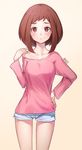  absurdres alternate_costume artist_name bangs bare_shoulders blush boku_no_hero_academia breasts brown_eyes brown_hair casual collarbone cropped_legs hand_on_hip hand_on_own_shoulder highres ildy long_sleeves looking_at_viewer medium_breasts off_shoulder pink_shirt shirt short_hair shorts simple_background solo thick_eyebrows uraraka_ochako white_background white_shorts 