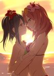  backlighting bare_arms beach bikini black_hair blush bracelet clearite commentary_request eye_contact eyebrows_visible_through_hair eyewear_on_head flower hair_flower hair_ornament hibiscus highres hug imminent_kiss jewelry looking_at_another love_live! love_live!_school_idol_project multiple_girls natsuiro_egao_de_1_2_jump! necklace nishikino_maki ocean open_mouth outdoors purple_eyes red_eyes red_hair short_hair standing sunglasses sunset swimsuit twintails water yazawa_nico yuri 