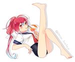  :o barefoot blue_sailor_collar drink gradient_hair hair_ribbon i-168_(kantai_collection) kantai_collection kicking leg_up long_hair looking_at_viewer multicolored_hair neckerchief ponytail red_eyes red_hair red_neckwear ribbon sailor_collar school_swimsuit school_uniform serafuku simple_background solo swimsuit swimsuit_under_clothes toenail_polish twitter_username white_background yamashiki_(orca_buteo) 
