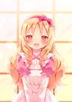  :d apron blonde_hair blush bow brown_eyes criss-cross_halter dress eromanga_sensei hair_bow hair_ornament hairband halterneck long_hair looking_at_viewer open_mouth pointy_ears sky smile solo standing white_apron window yamada_elf yuduki 