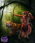  anthro arrow barefoot black_lips bow detailed_background digitigrade duo feline feral fur grass holding_object holding_weapon male mammal open_mouth orange_fur striped_fur stripes teeth tiger tongue weapon whiskers wolnir 