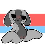  2017 animate_inanimate anthro bakap black_eyes black_nose blush canine digital_media_(artwork) dog female flat_chested grey_body hi_res mammal nintendo nude open_mouth pussy simple_background sitting solo switch_dog toony video_games young 