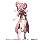  2017 armor blush boobplate boots breastplate cape fire_emblem fire_emblem_echoes:_mou_hitori_no_eiyuuou fire_emblem_heroes full_body gloves long_hair looking_at_viewer mae_(fire_emblem) matsui_hiroaki official_art open_mouth pink_eyes pink_hair red_eyes simple_background smile solo tiara twintails white_background 