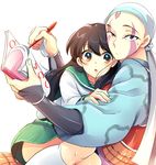  1girl an_jera bald bandana black_gloves black_hair blush elbow_gloves facepaint fingerless_gloves gloves hair_between_eyes higurashi_kagome hug inuyasha kneehighs legs_together long_hair looking_at_viewer marker notebook open_mouth orange_eyes renkotsu robe sailor_collar school_uniform serafuku shirt simple_background sitting sitting_on_lap sitting_on_person skirt sweatdrop white_background white_legwear writing 