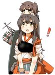  2girls akagi_(kantai_collection) blush brown_hair chibi chibi_on_head commentary_request heart jitome kaga_(kantai_collection) kantai_collection long_hair minigirl multiple_girls on_head open_mouth person_on_head rebecca_(keinelove) short_hair side_ponytail smile yellow_eyes 