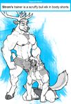  2017 abs anthro antlers balls beard biceps big_muscles black_nose boxers_(clothing) bulge canine cervine clothing cum digital_media_(artwork) dog drooling duo elk erection facial_hair facial_piercing fluffy fluffy_tail fur grabbing_head hair hi_res horn invalid_tag kihu kneeling male male/male mammal muscular muscular_male nealing nipples nose_piercing nose_ring open_mouth pecs penis piercing saliva shorta simple_background smile strom_(skyshiemi) text tongue tongue_out underwear wolf 
