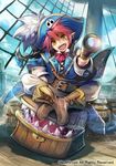  banned_artist barrel boots bow bowtie captain_nightkid cardfight!!_vanguard child company_name day fangs feathers hat kawasumi_(japonica) male_focus official_art open_mouth pirate_hat red_hair ship sitting sky solo teeth watercraft yellow_eyes 