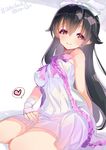  black_hair bow brown_eyes closed_mouth dress flower_knight_girl fujishima-sei_ichi-gou hair_bow heart highres long_hair looking_at_viewer pink_bow sitting smile solo spoken_heart tsukimisou_(flower_knight_girl) twitter_username wariza white_background white_bow white_dress 