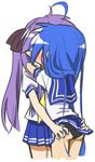  artist_apprentice ass_grab black_panties blue_hair blue_skirt blush commentary groping hiiragi_kagami izumi_konata kiss long_hair lucky_star multiple_girls panties purple_hair ryouou_school_uniform school_uniform serafuku skirt skirt_lift underwear yellow_neckwear yuri 