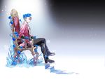  blue_eyes blue_flower blue_rose chair crossed_legs flower head_wreath ice_skates kuroemon male_focus plant profile rose silver_hair sitting skates snowflakes viktor_nikiforov vines yuri!!!_on_ice 