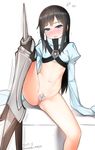  artist_name asashio_(kantai_collection) black_hair blue_eyes blush breasts cosplay covered_nipples crotch_plate dated embarrassed fate/extra fate/extra_ccc fate_(series) flying_sweatdrops greaves juliet_sleeves kantai_collection kanzaki_muyu knee_spikes long_hair long_sleeves looking_at_viewer maebari meltlilith meltlilith_(cosplay) navel no_pants open_mouth partially_visible_vulva puffy_sleeves revealing_clothes sitting sleeves_past_wrists small_breasts solo spread_legs tears twitter_username wavy_mouth 