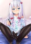  arm_at_side bangs bed bed_sheet black_legwear blue_eyes blush bow closed_mouth clothes_writing collarbone eromanga_sensei eyes_visible_through_hair feet foreshortening gradient_hair gurande_(g-size) hair_bow half-closed_eyes highres holding izumi_sagiri knees_apart_feet_together long_hair looking_at_viewer low-tied_long_hair multicolored_hair nose_blush off_shoulder on_bed pantyhose pink_bow pink_hair raised_eyebrows shiny shiny_hair shirt short_sleeves silver_hair sitting smile soles solo spread_legs stylus thighs very_long_hair white_shirt 