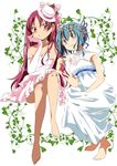  bare_shoulders barefoot blue_eyes blue_hair blush commentary_request dress flower hair_flower hair_ornament hair_ribbon hat highres leaf long_hair mahou_shoujo_madoka_magica miki_sayaka mini_hat mini_top_hat multiple_girls pink_dress plant playing_with_another's_hair ponytail red_eyes red_hair ribbon rino-ichigo sakura_kyouko top_hat vines white_dress 