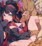  3boys black_hair black_skin blue_eyes blush breasts censored dark_skin dress dress_lift fellatio gangbang group_sex handjob heart heart_censor kakure_eria lying medium_breasts multiple_boys multiple_penises nephthys_(p&amp;d) nipples on_back oral penis pointless_censoring puzzle_&amp;_dragons sex spitroast vaginal 