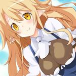  blonde_hair breasts close-up closed_mouth disgaea iwasi-r large_breasts liezerota long_hair makai_senki_disgaea_5 pointy_ears sidelocks smile solo upper_body yellow_eyes 