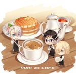  3boys :d apron black_hair blonde_hair blue-framed_eyewear blue_eyes brown_eyes butter chibi coffee coffee_mug cup english food fork glasses green_eyes hair_over_one_eye katsuki_yuuri kuroemon makkachin male_focus miniboy mug multiple_boys necktie open_mouth pancake plate silver_hair smile spoon stack_of_pancakes sugar_cube syrup tea teacup teapot viktor_nikiforov waist_apron waistcoat waiter yuri!!!_on_ice yuri_plisetsky 