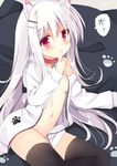  animal_ears breasts collar dog_collar dog_ears dog_tail finger_to_mouth hair_ornament hairclip hood hoodie koinu-chan kujou_danbo long_hair long_sleeves naked_hoodie navel open_clothes open_hoodie original paw_print red_eyes sitting small_breasts tail thighhighs white_hair 