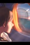  airplane_interior brown_eyes brown_hair closed_mouth commentary litra_(ltr0312) long_hair looking_out_window original pillarboxed portrait profile reflection sky solo sun sunlight sunset water window 