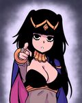  akairiot black_hair bodysuit bracelet breasts bridal_gauntlets cape commentary fire_emblem fire_emblem:_kakusei fire_emblem_heroes highres i_want_you jewelry large_breasts long_hair looking_at_viewer parody pointing pointing_at_viewer solo tharja tiara two_side_up 