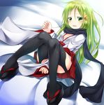  absurdres alternate_costume bed_sheet black_legwear black_scarf crescent crescent_hair_ornament green_eyes green_hair hair_ornament hakama highres japanese_clothes kantai_collection long_hair long_sleeves nagatsuki_(kantai_collection) open_mouth red_hakama scarf solo thighhighs wavy_mouth wide_sleeves yuki_kawachi 