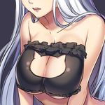  arched_back arms_at_sides bare_shoulders black_background black_bra bra breasts cat_cutout cat_lingerie cleavage cleavage_cutout close-up collarbone commentary_request grey_hair hanasaki_mahiru head_out_of_frame large_breasts leaning_forward lingerie long_hair meme_attire open_mouth original silver_hair simple_background sketch solo teeth underwear underwear_only 