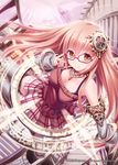  aircraft airplane akkijin gauntlets glasses hair_ornament hand_on_eyewear hoop hula_hoop jewelry long_hair magic_circle necklace official_art orange_eyes pink_hair science_fiction shinkai_no_valkyrie smile solo space_craft thighhighs 