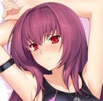  armlet armpits arms_up bare_shoulders bed_sheet blush close-up closed_mouth competition_swimsuit curled_fingers embarrassed eyebrows_visible_through_hair face fate/grand_order fate_(series) harukon_(halcon) long_hair lying on_back one-piece_swimsuit portrait purple_hair red_eyes scathach_(fate)_(all) scathach_(fate/grand_order) shiny shiny_skin solo swimsuit 